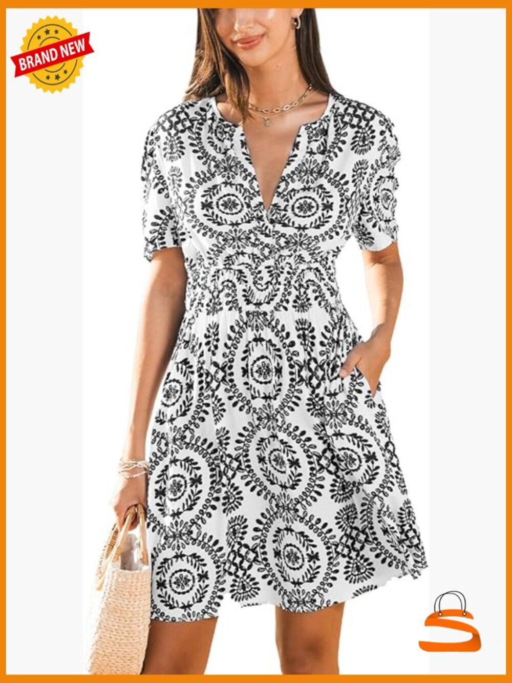V Neck Short Sleeve A-Line Mini Dress with Pockets